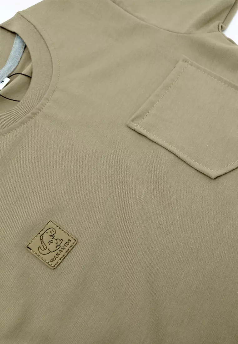 Wakakids Baju Anak Oblong Lengan Pendek Atasan Kaos Basic Tshirt Unisex Polos Logo Dino 4262 Hijau