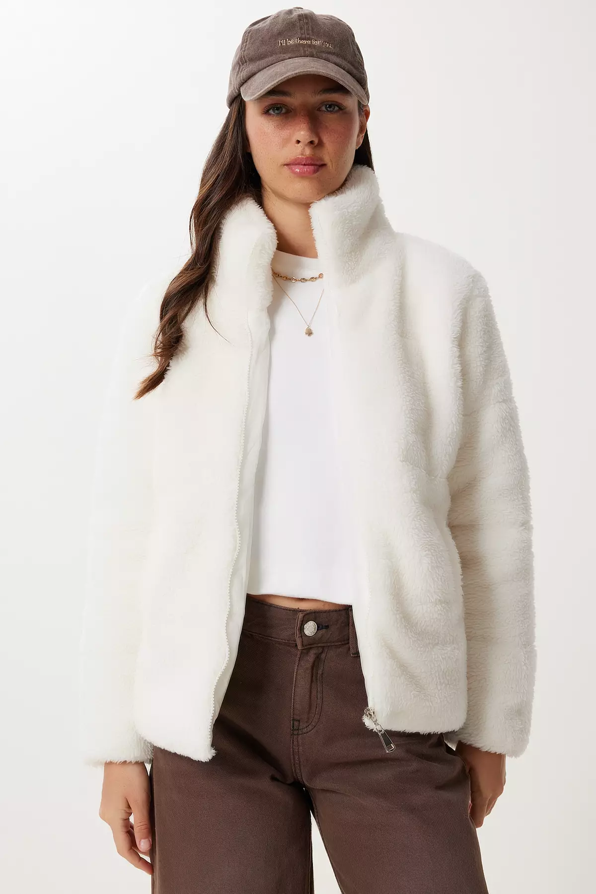 Women's Ecru Soft Textured Plush Coat Dd01370