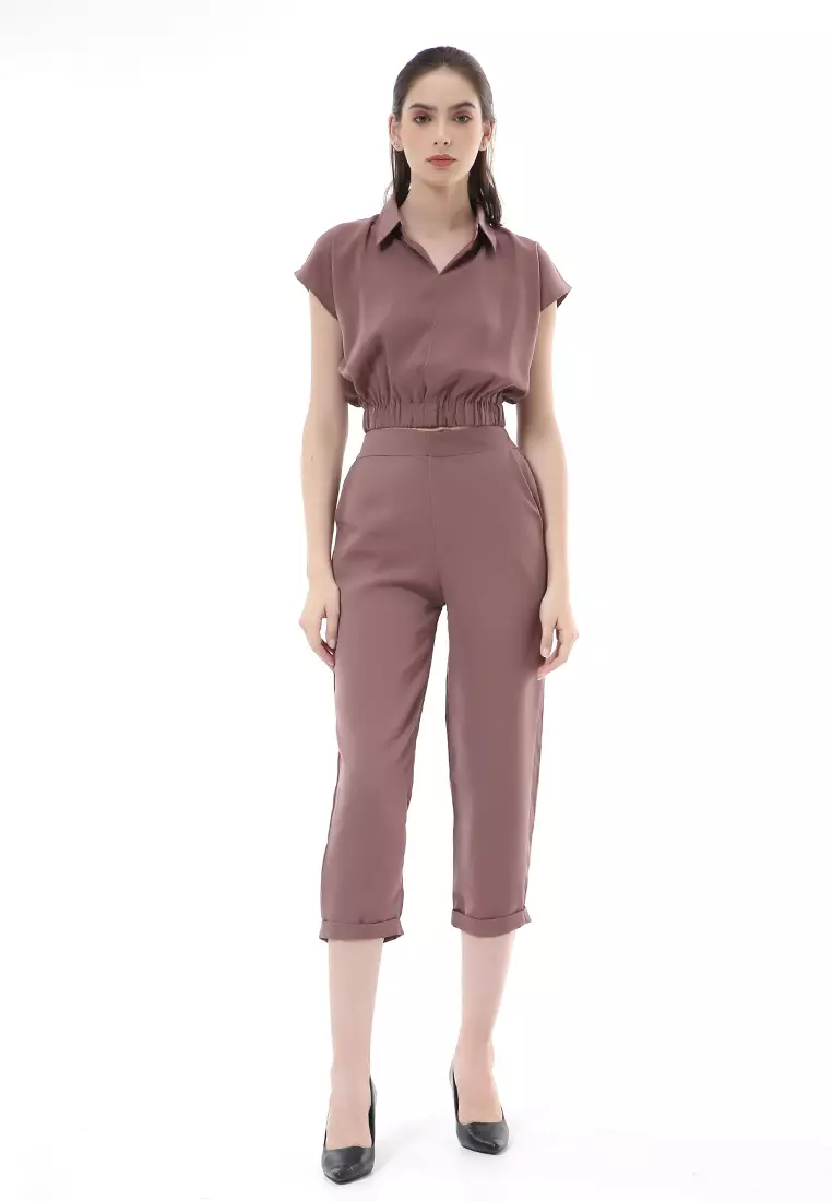 Nayra One Set Setelan Atasan Crop Karet Lengan Pendek Basic Pants Wanita Material Dolce ORIGINAL - Chocolate