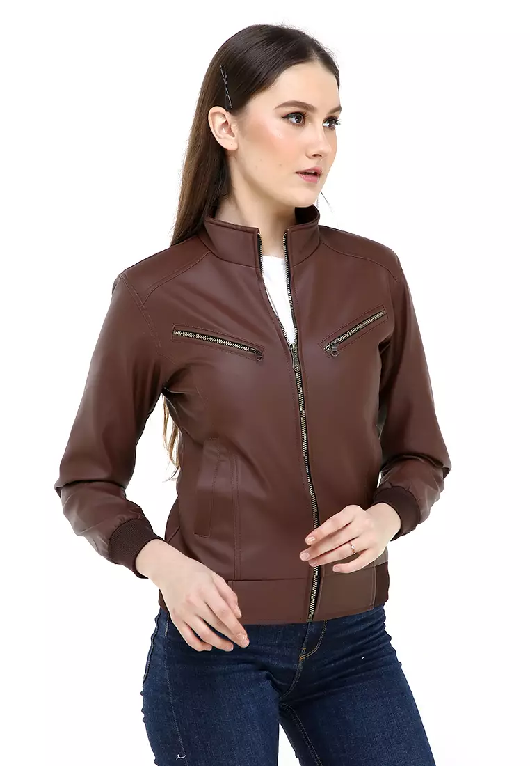 Hardwin Jaket Wanita Casual Longsleeve Jacket Outer Material Kulit Leather ORIGINAL - Brown