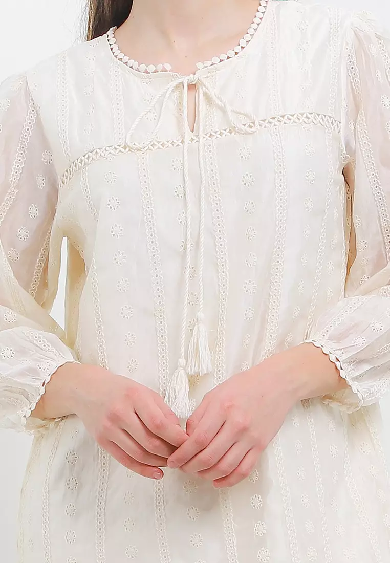 L/S Ruffle Hem Silk Eyelet Maxi Dress