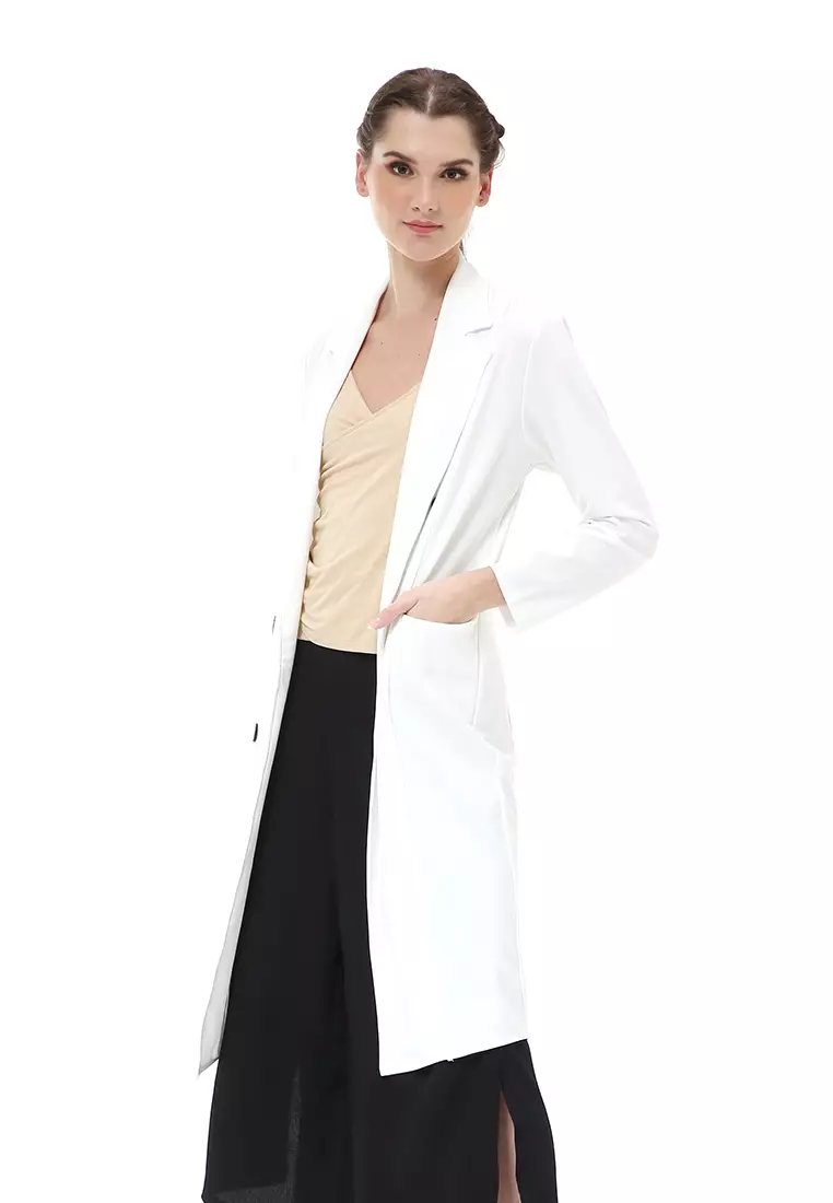 Myra Outerwear Wanita Long Blazer Desain Kancing Plain Motive Material Wedges ORIGINAL - White