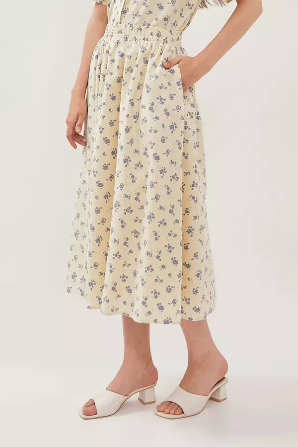 MINIMAL - Olivia - Rok Midi Motif Bunga - Beige Warna Beige