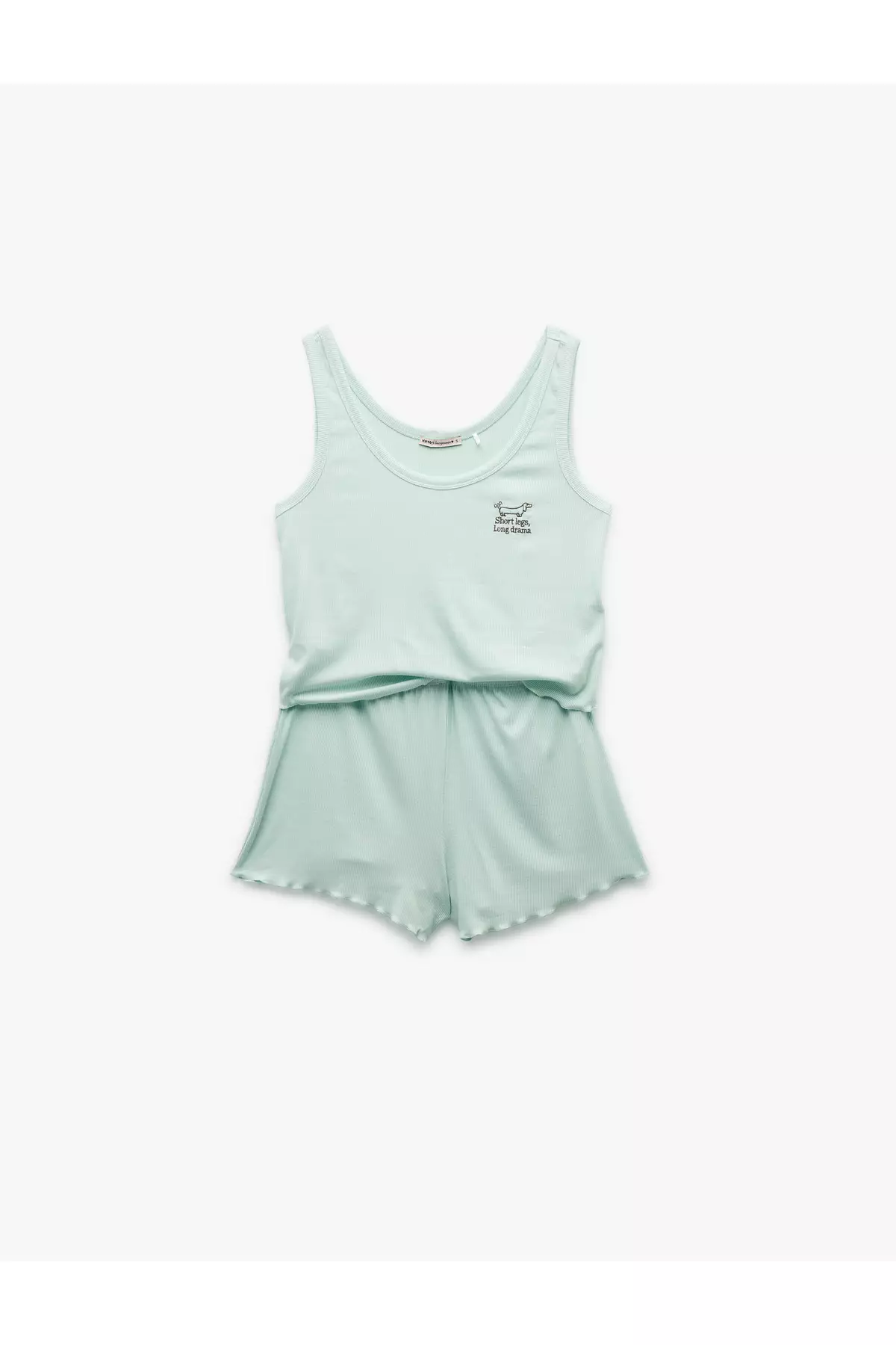 Viscose Fabric Dog Embroidered Detailed U-Neck Ribbed Tank Top And Shorts Pajama Set
