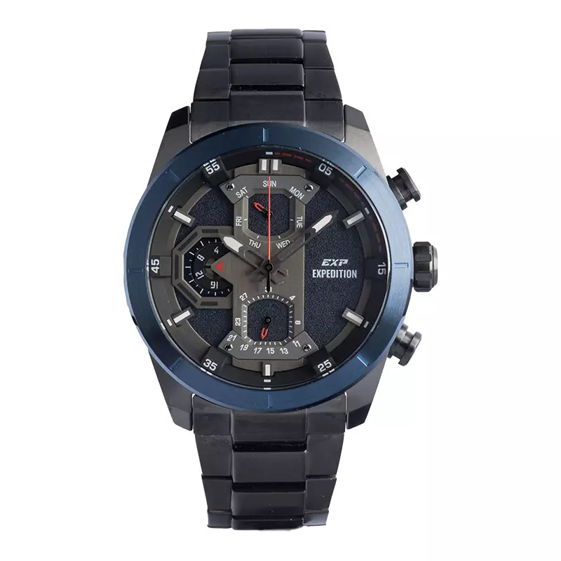 Jam Tangan Pria Expedition Modern Classic E 6828 MF BUBBU Black Dial Black Stainless Steel Strap