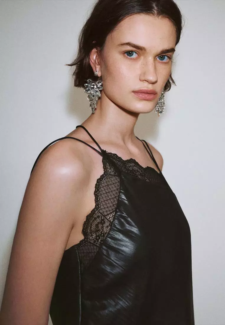 Asymmetrical Strap Satin Cami Top with Lace Trim