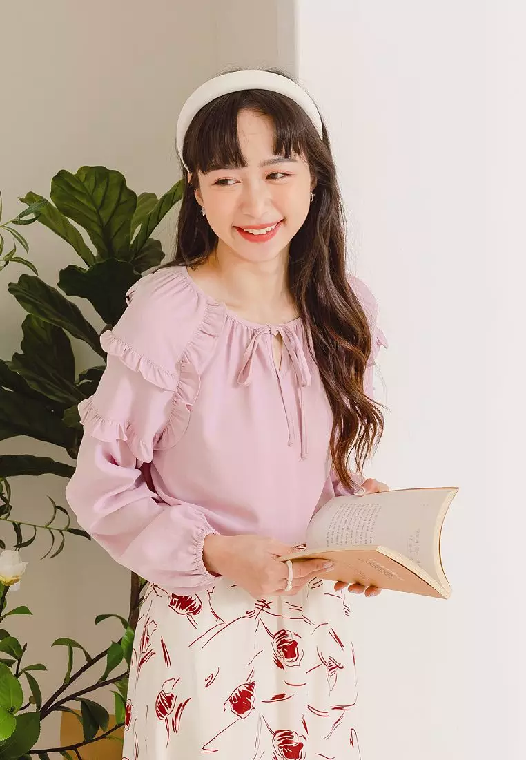Sweet Bow Tie Ruffle Trim Long Puff Sleeve Top [AB17751]