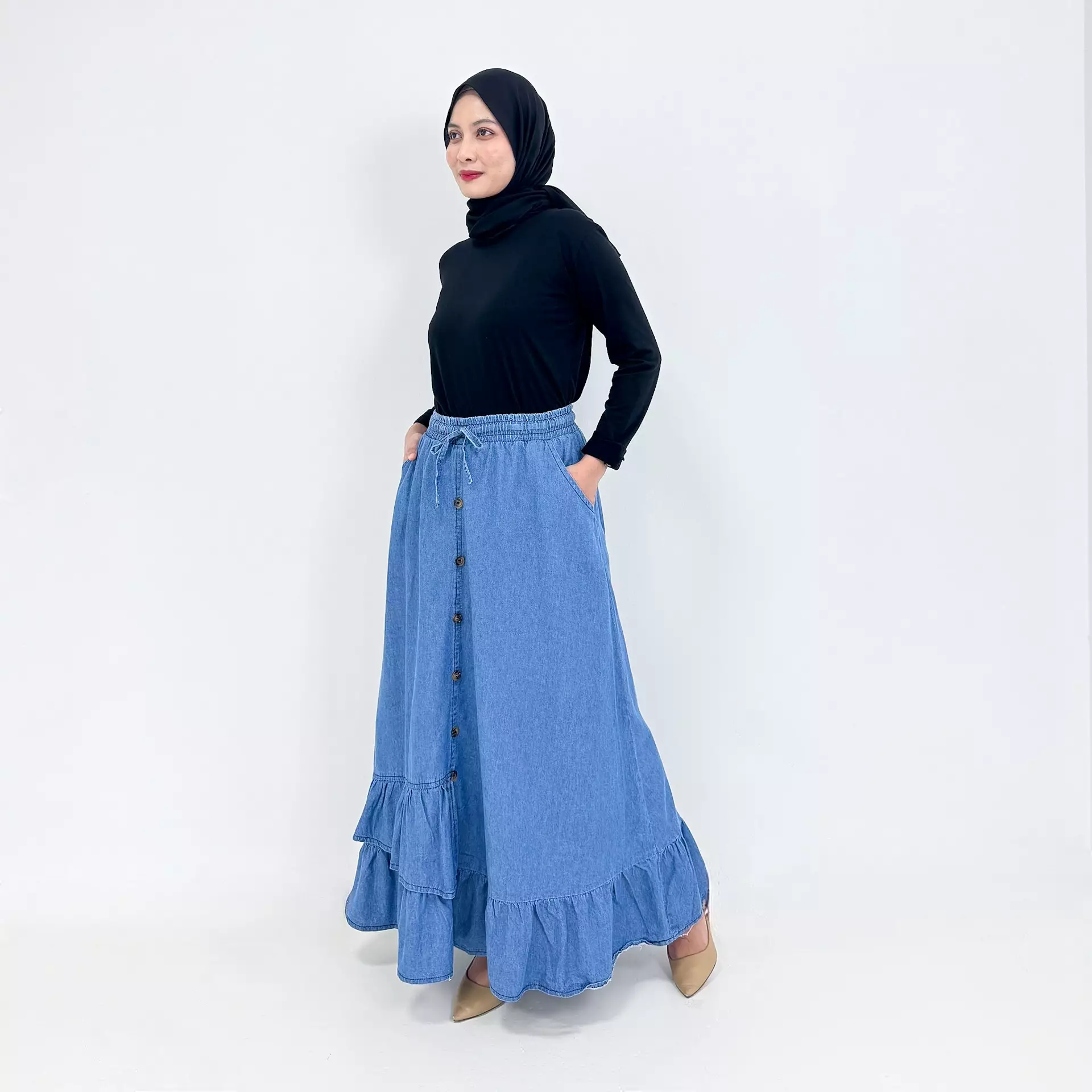 Long Skirt Denim Nayra [BIRU MUDA] Rok Soft Jeans Panjang Ruffle