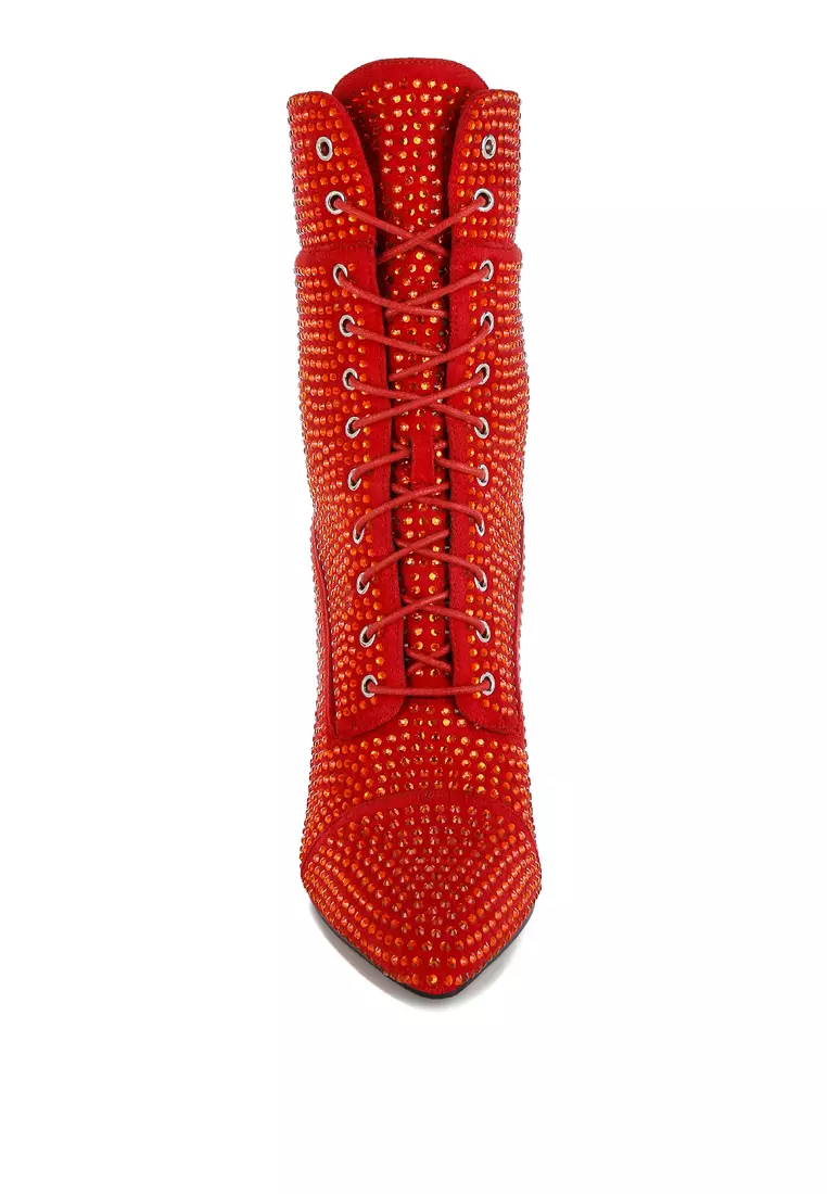 Rhinestones Embellished Calf Boots in Red
