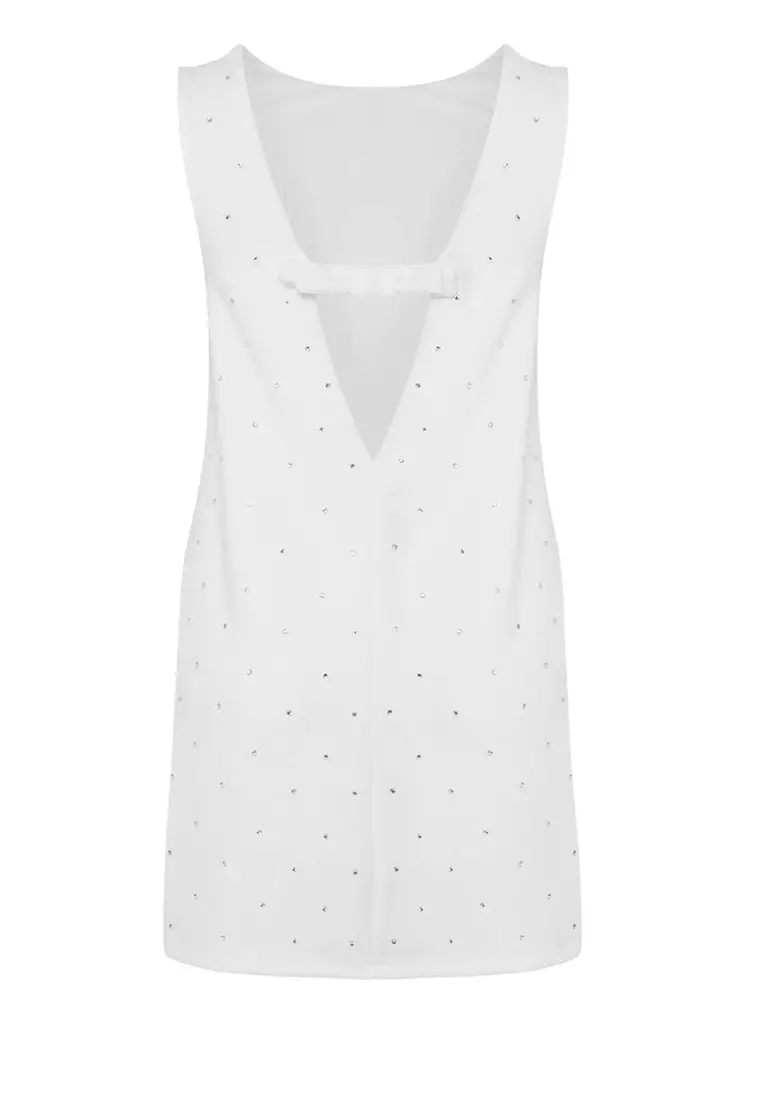 White Shiny Stone Printed Super Mini Dress Tpraw25El00192