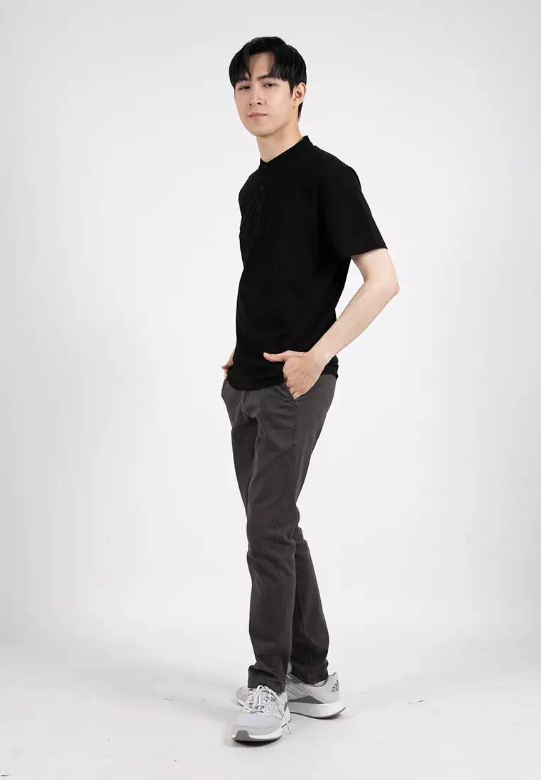 Forest Premium Weight Cotton Stretchable Mandarin Collar T Shirt Men Slim Fit Tee | 23856-01Black