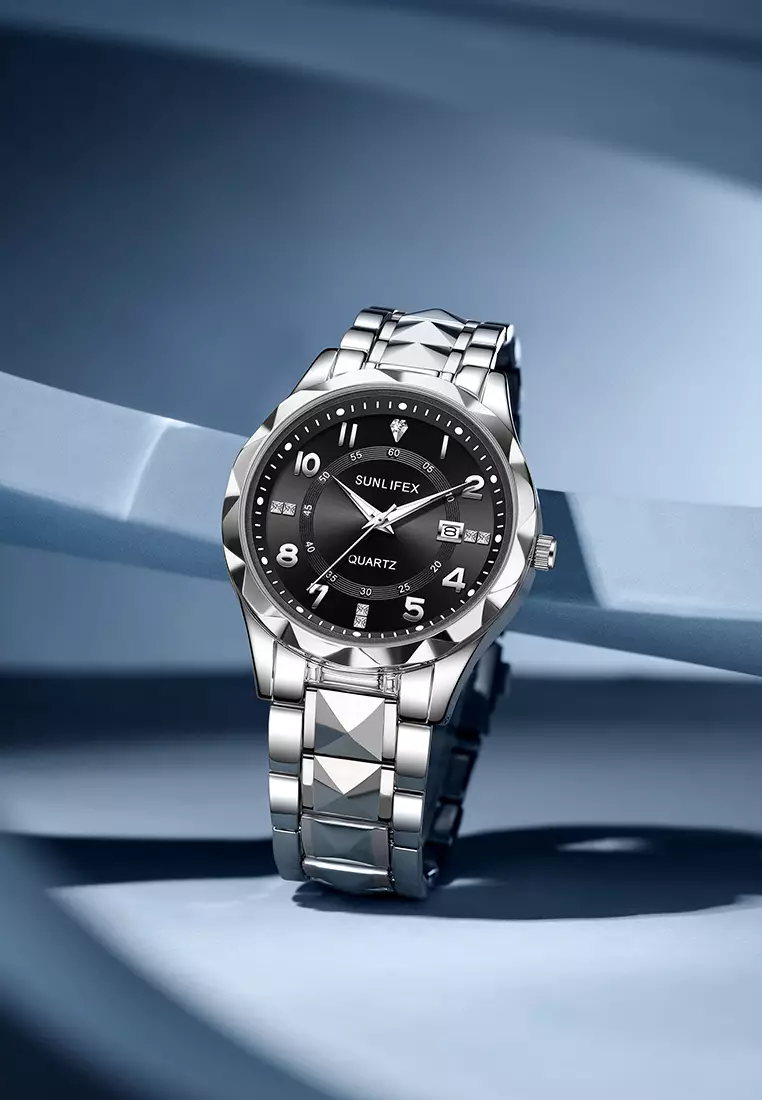 Jam Tangan Pria 3268-2 Bercahaya Kalender Kasual Jam Tangan Cowok Kuarsa Original silverblack