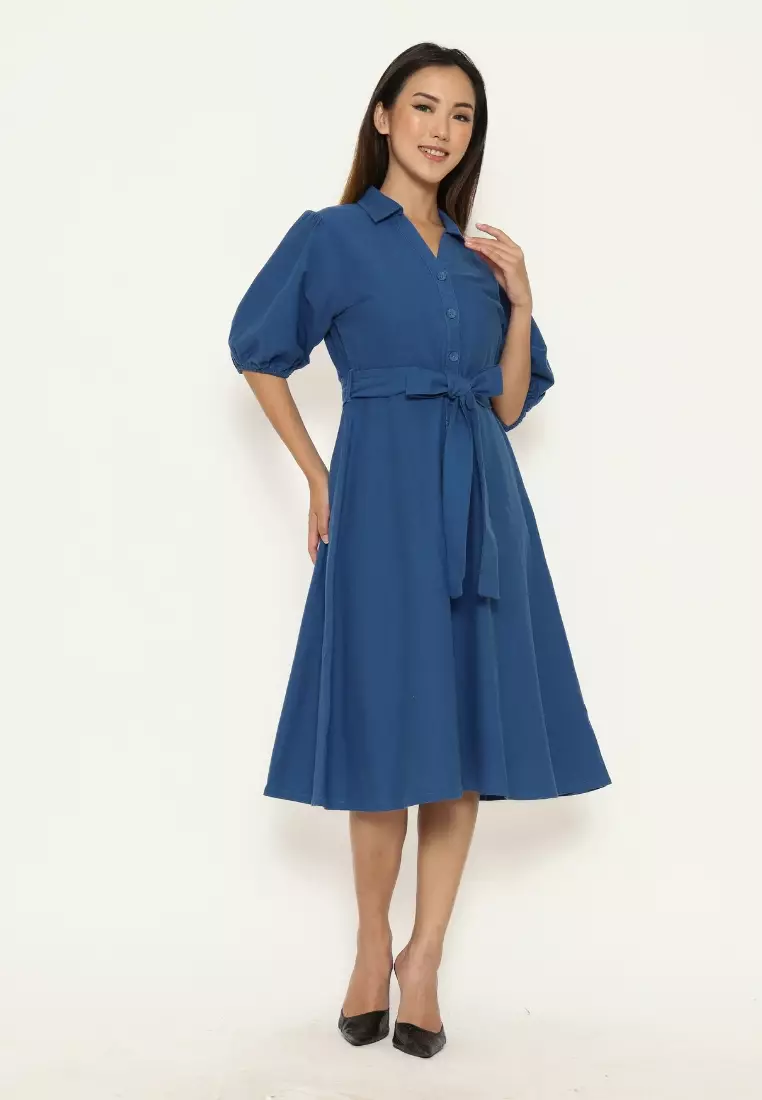 Urban Exchange Scarlet Dress Blue - Midi Dress Linen Warna Blue