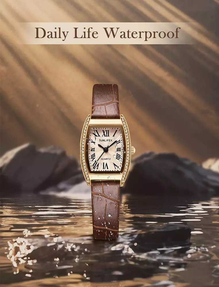 Jam Tangan Wanita Tonneau-shaped Diamond Dial Tali Kulit Mode Jam Tangan Cewek light brown