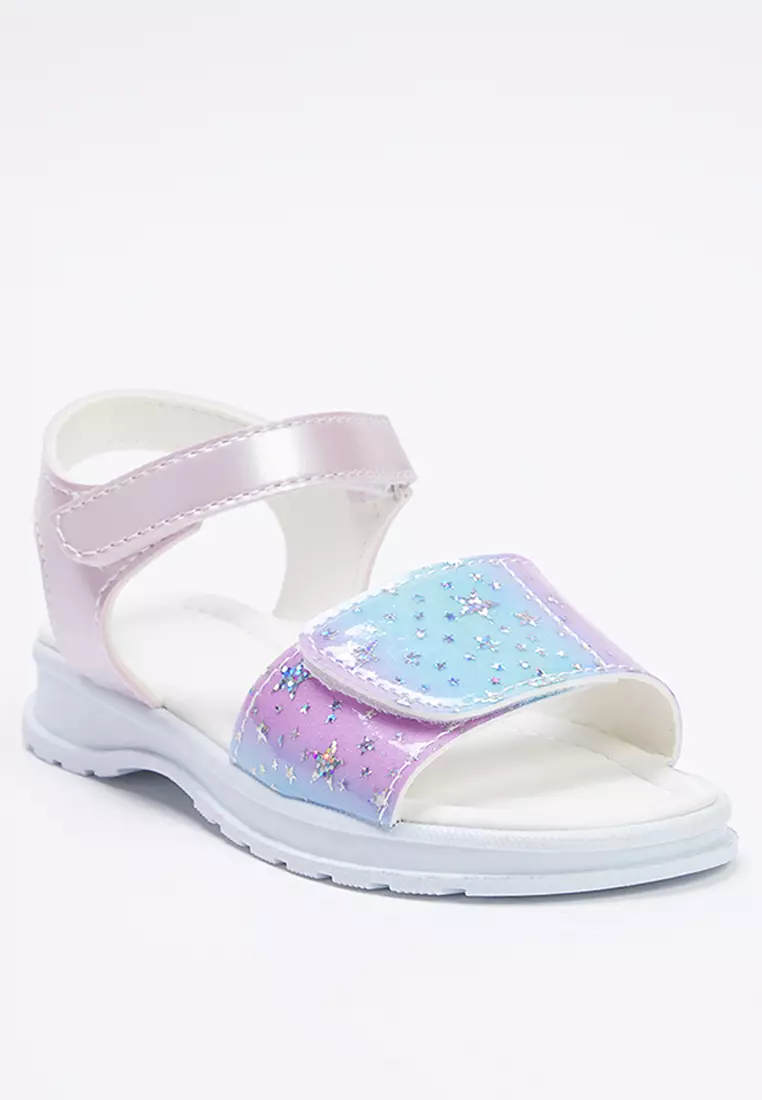 Lilac Star Detailed Velcro Strap Big Girl's Sandal