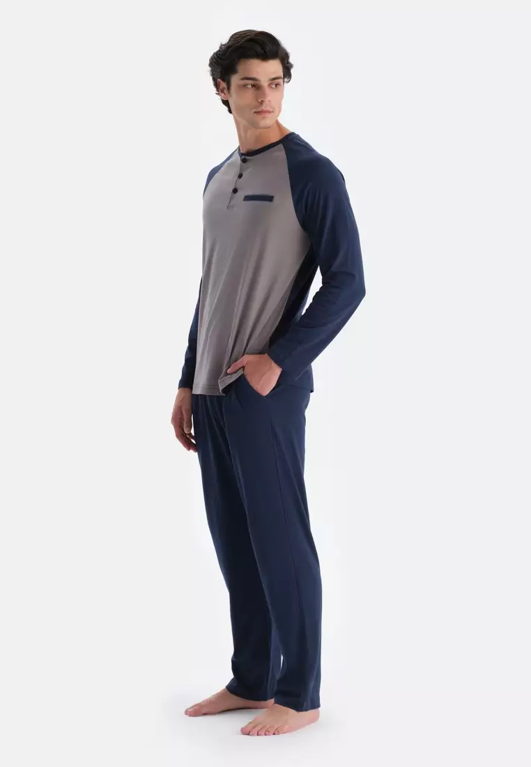 Navy T-Shirt & Trousers Set, Crew Neck, Regular Fit, Long Sleeve Sleepwear for Men