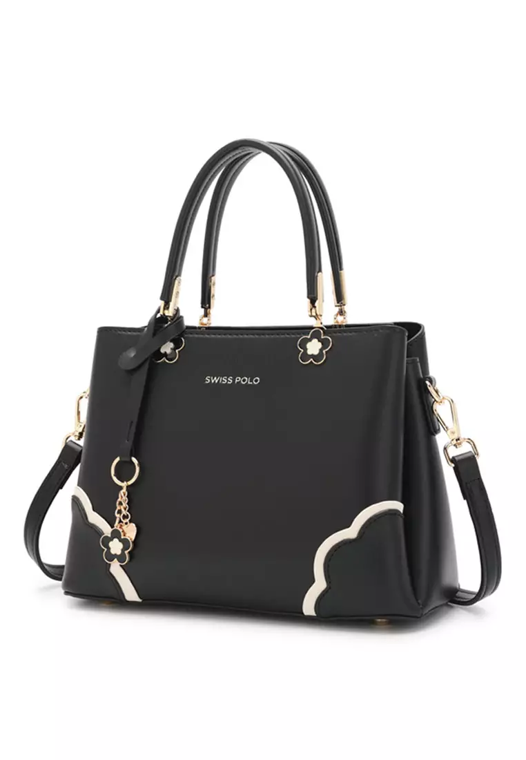 Women's Floral Detail Top Handle Bag / Sling Bag / Crossbody Bag - Black