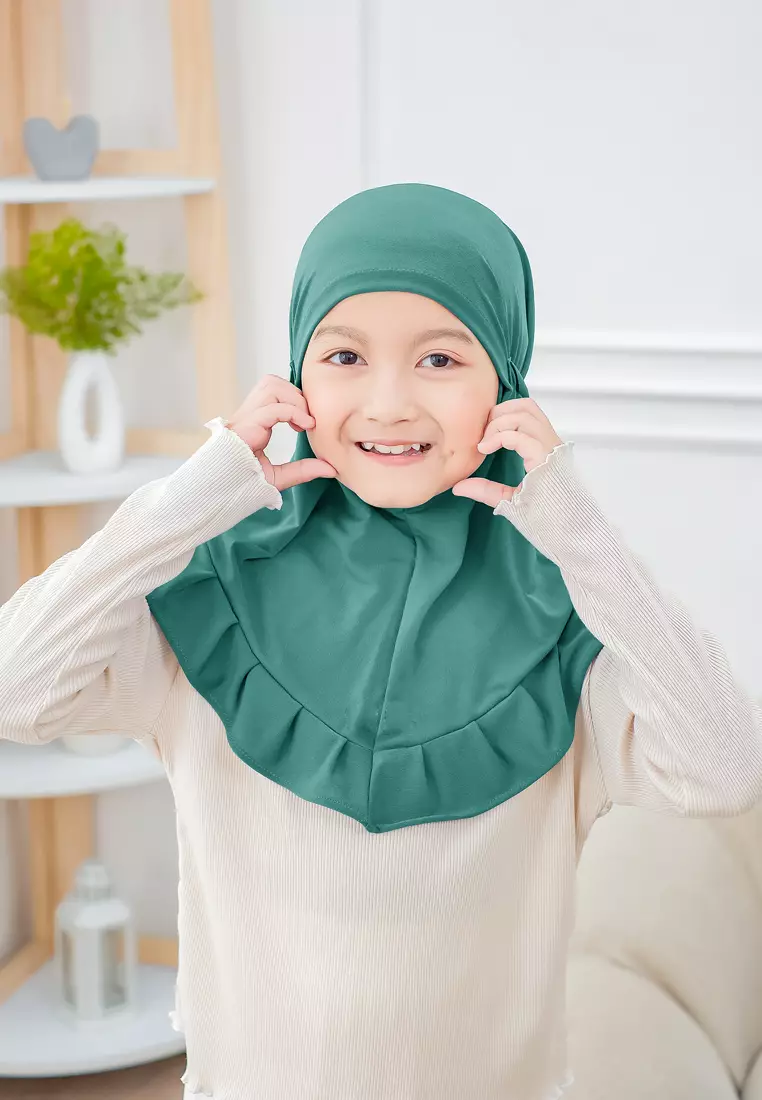 Cotton Bee - Ziva Ruffle Instan | Hijab Instan Anak | Kerudung Jilbab Bergo Tali Anak - Teal Turquoise - L