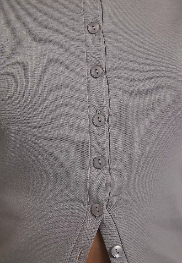 Grey Buttoned Fitted/Body Fitted Knitted Blouse Twoss25Bz00281