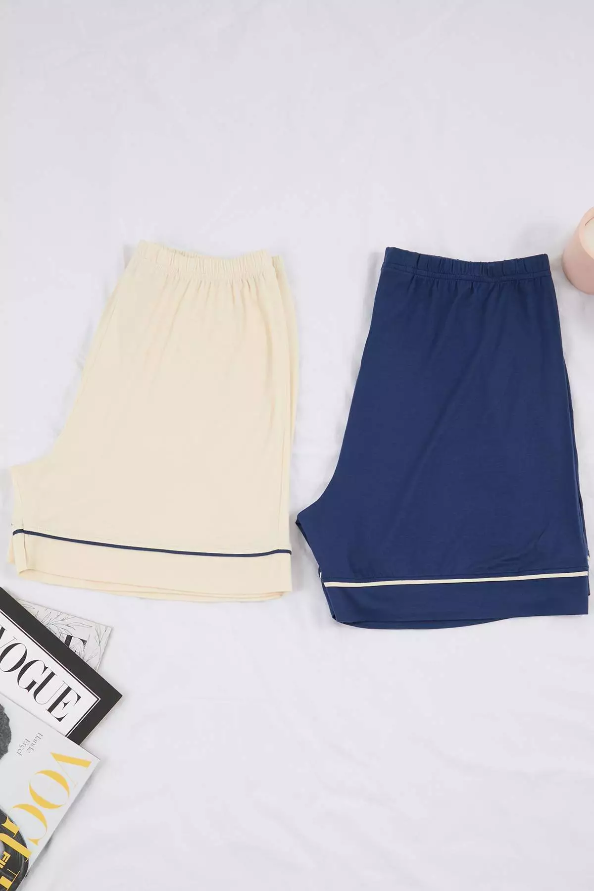 Navy Blue-Ecru Piped Viscose Soft-Keyed 2-Pack Plus Size Pajama Bottoms Tbbss26Ia00006