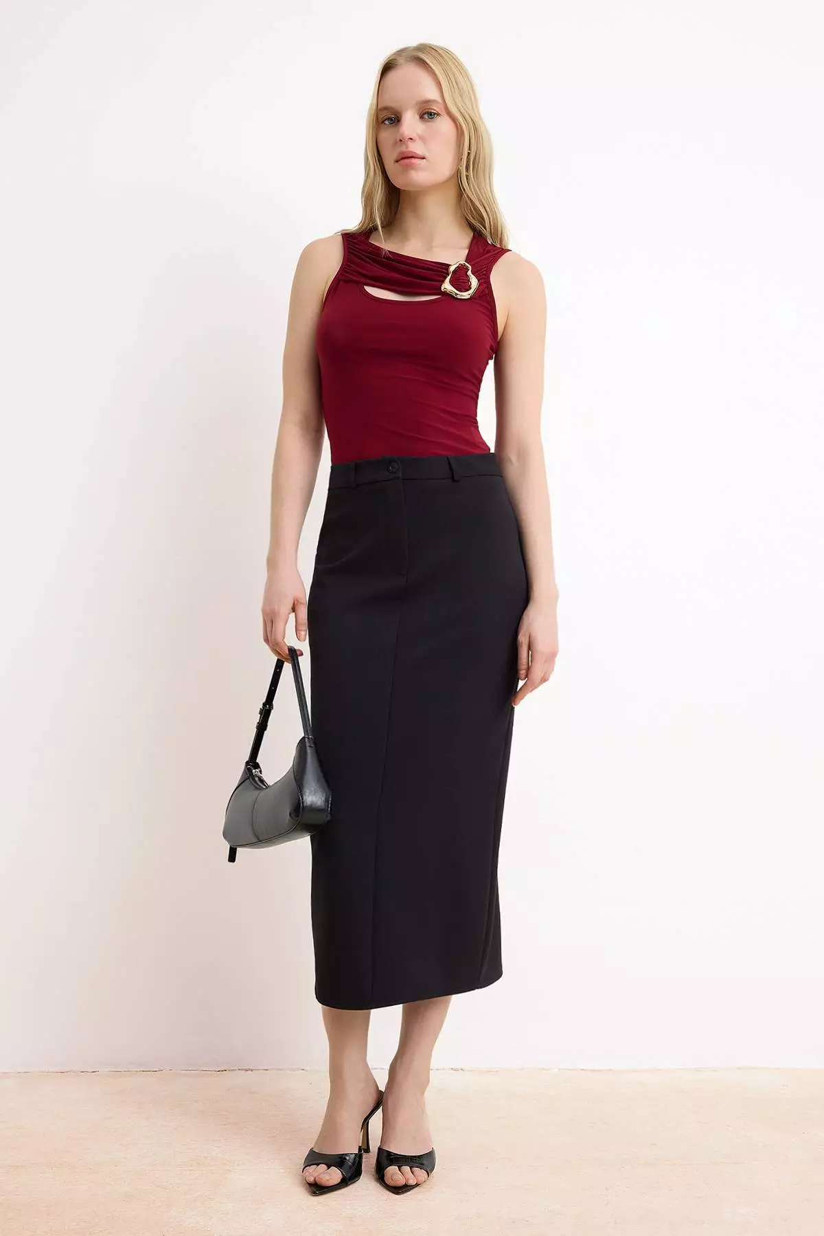 Burgundy Fitted/Bodycon Pool Collar Sleeveless Accessory Detailed Stretchy Knitted Blouse Twoss26Bz472