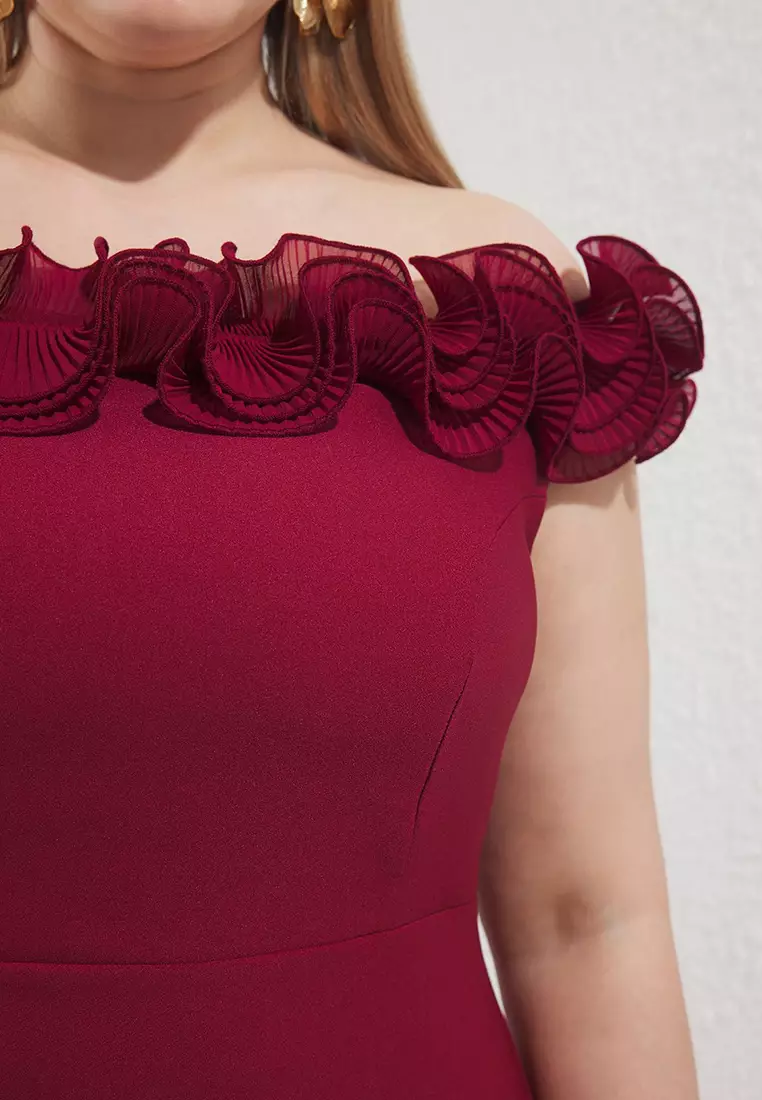 Burgundy Madonna Collar Frilly Slit Woven Large Size Dress Tbbss25Ah00142
