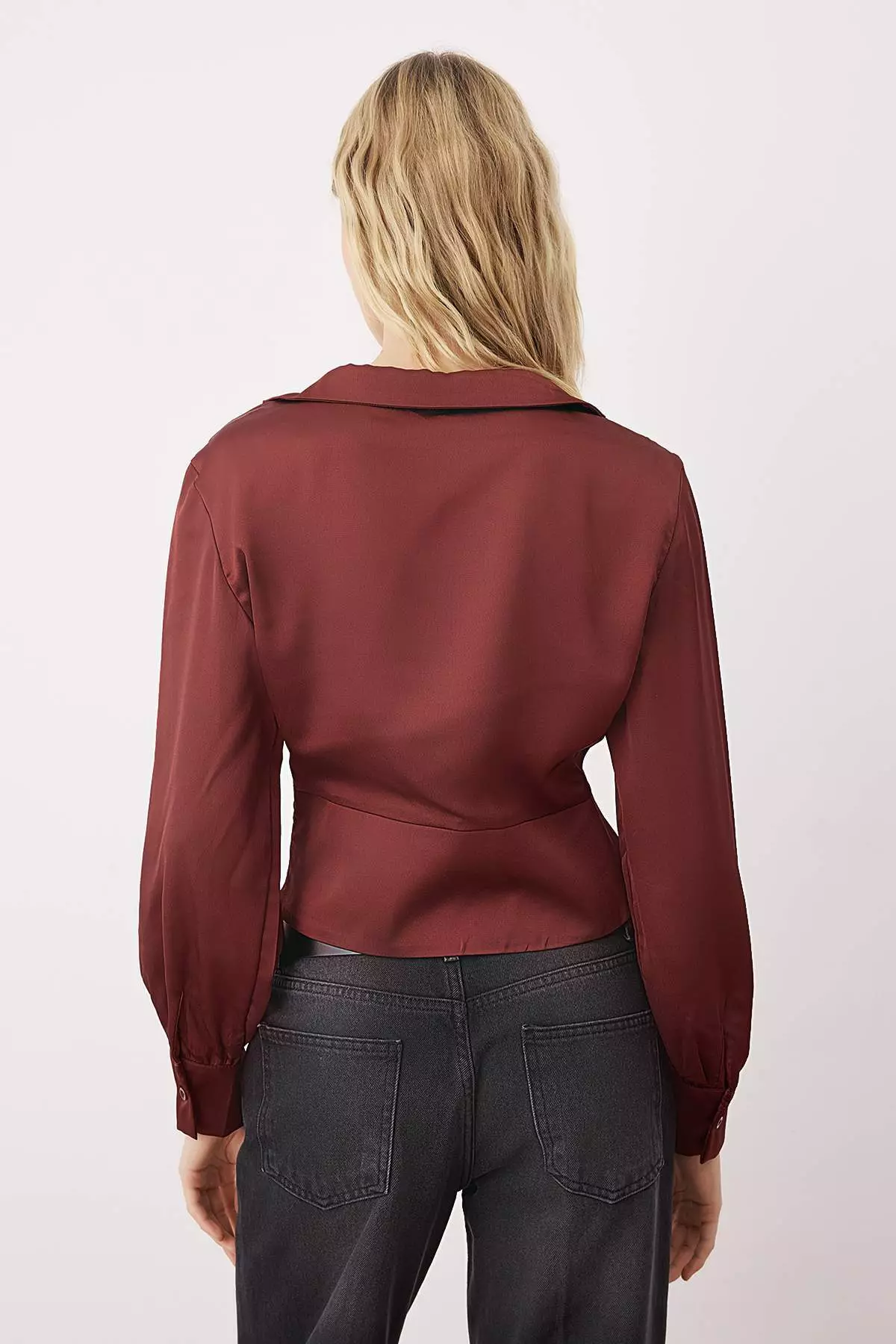 Brick Fitted Satin Woven Blouse