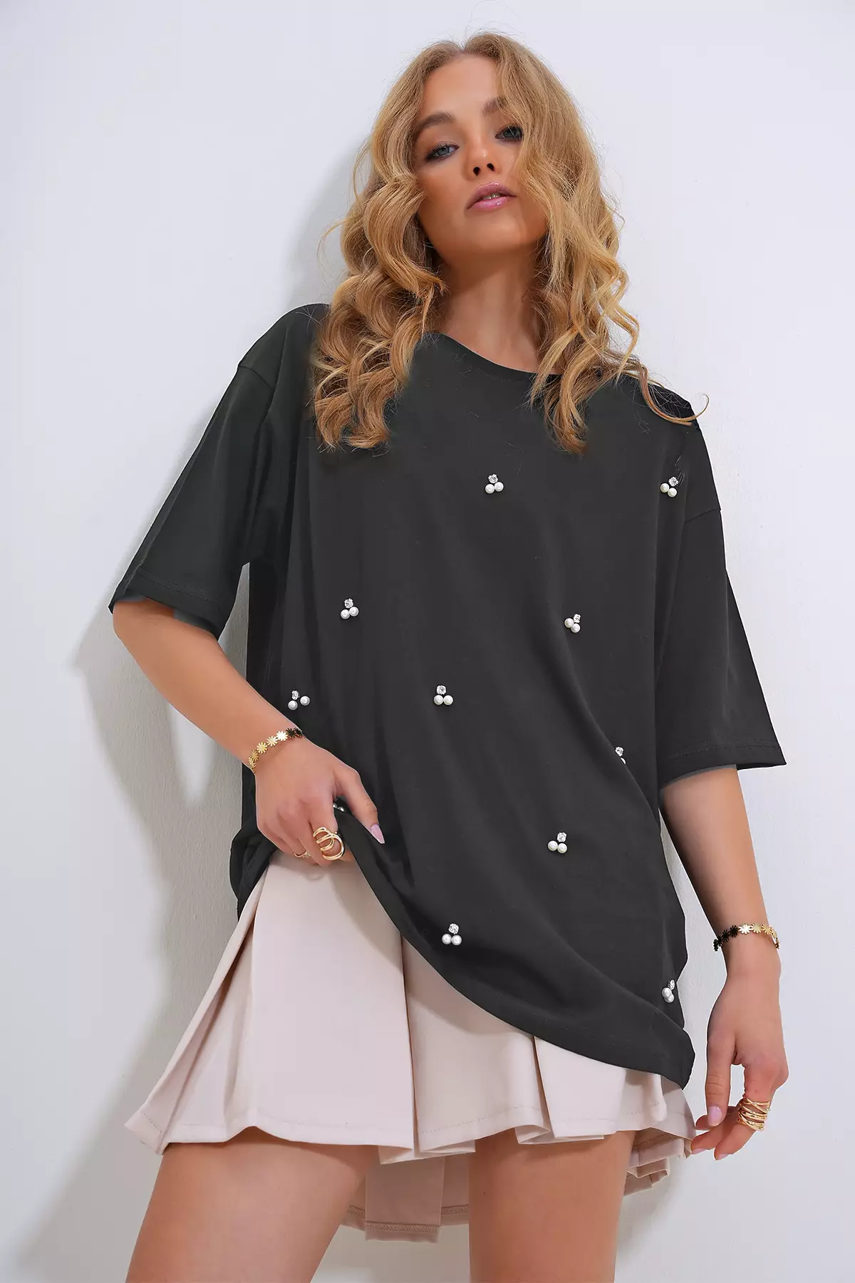 Oversize Pearl & Stone Embroidered T-Shirt
