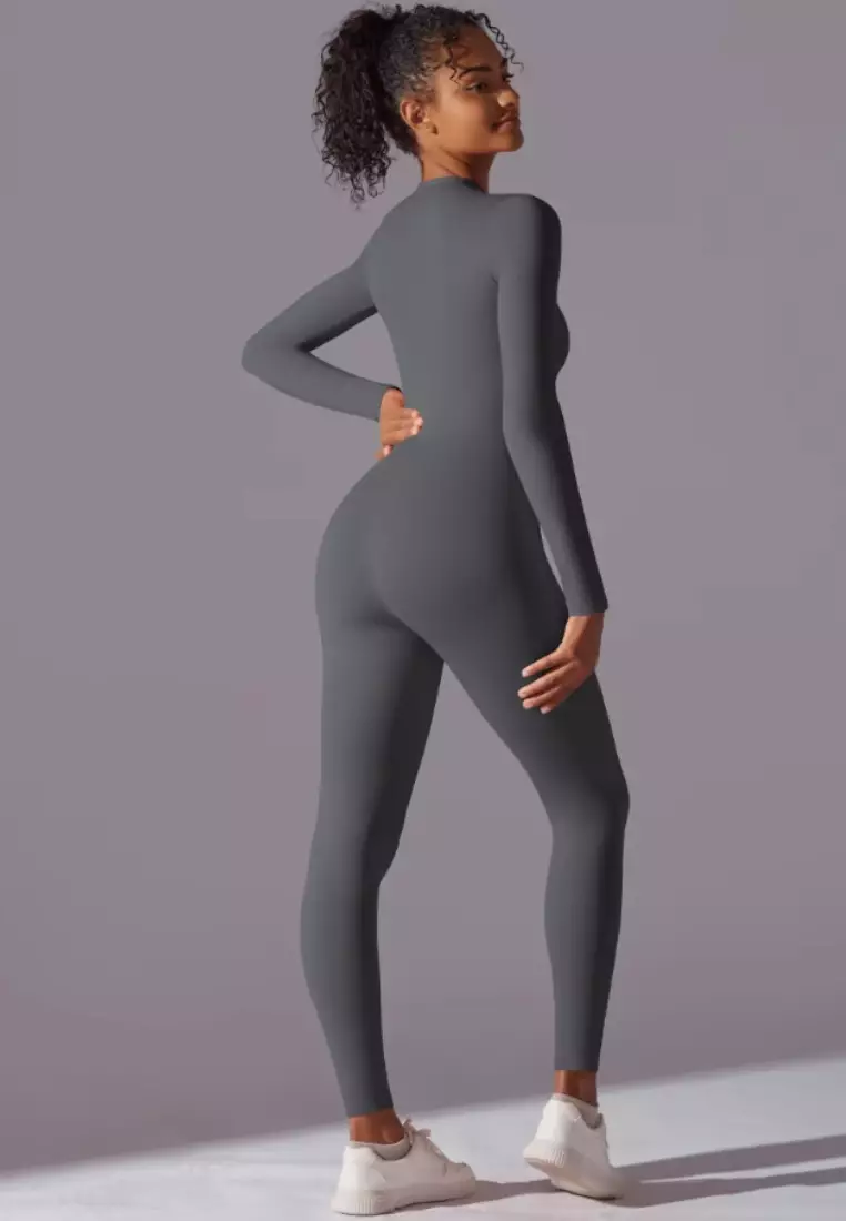 SculptaSuit Women’s Full-Length Sporty Jumpsuit – Stretchy Nylon Spandex Activewear No Bra Padding Yoga & Gym Bodysuit