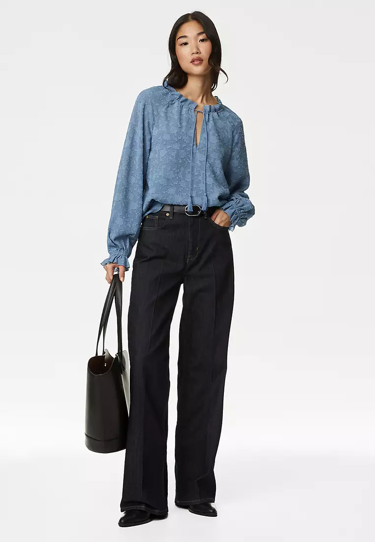 Jacquard Tie Neck Popover Blouse