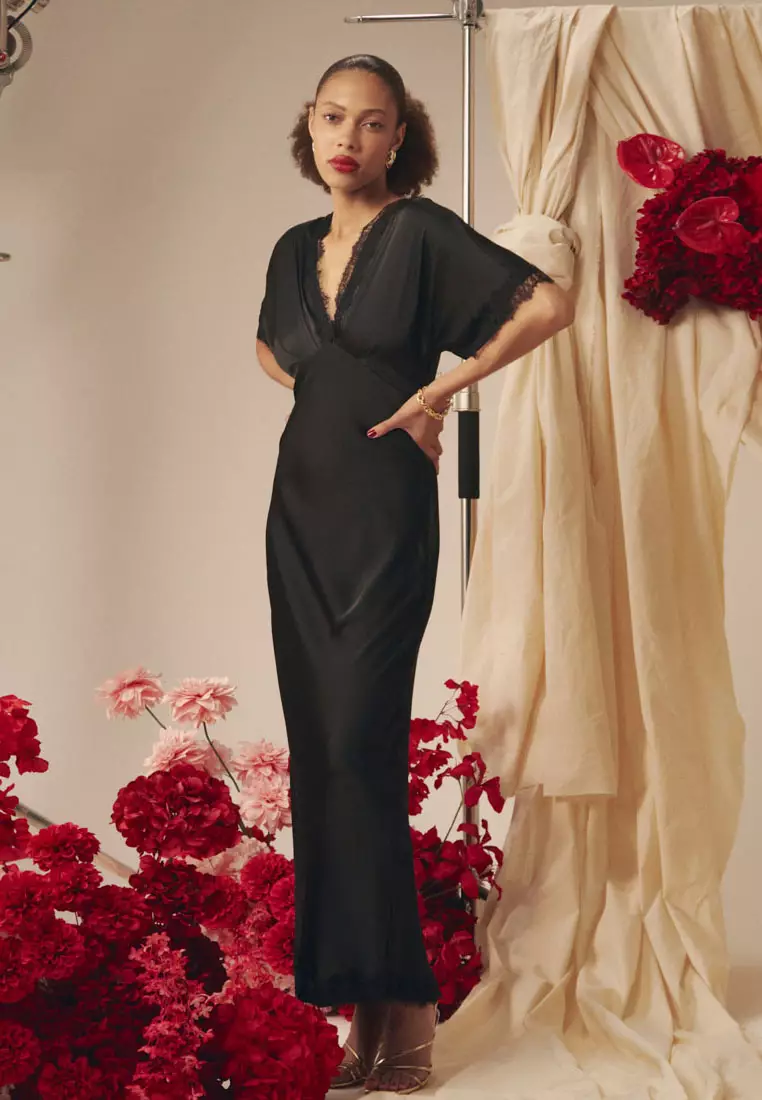 Cleo Lace Trim Satin Dress