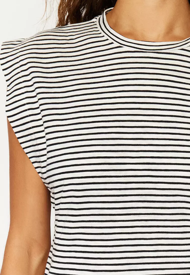 Multi Color 100% Cotton Striped Wadding Look Basic Crew Neck Knitted T-Shirt TWOSS20TS0021