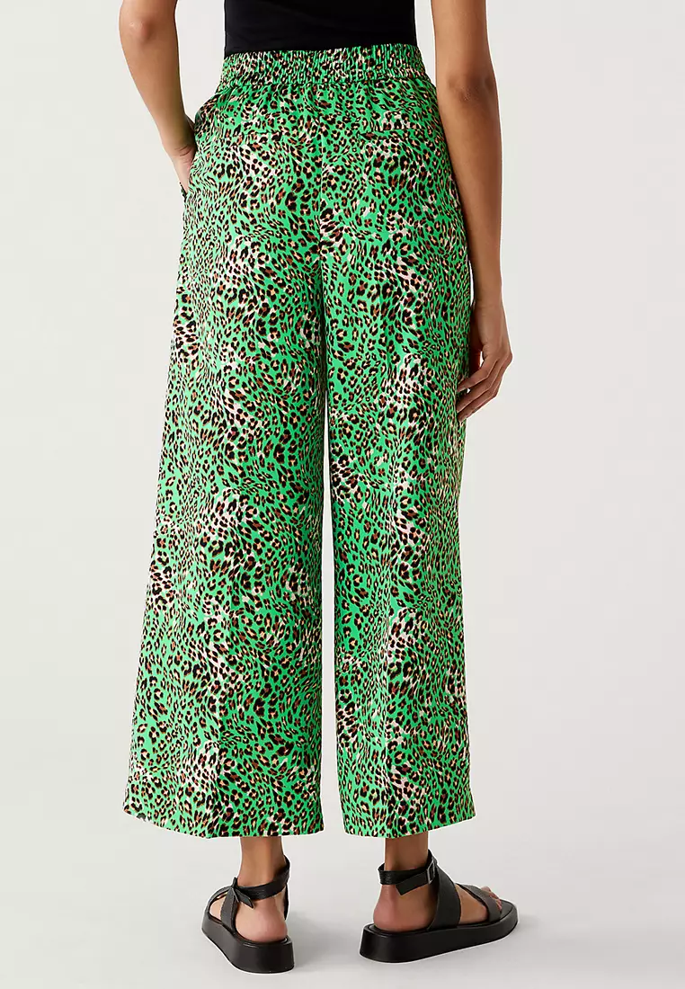 Crepe Animal Print Wide Leg Cropped Trousers
