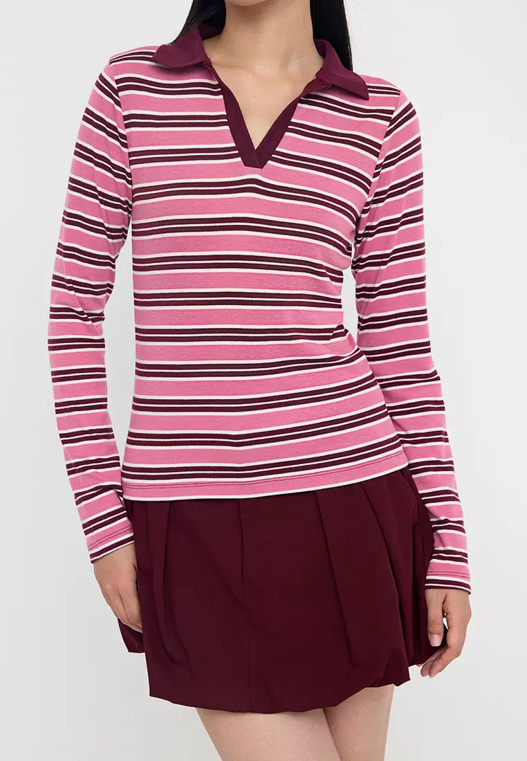 Teen Pink Striped Polo Neck Fitted/Body-Smoothing Knitted Blouse Twoaw26Bz00034