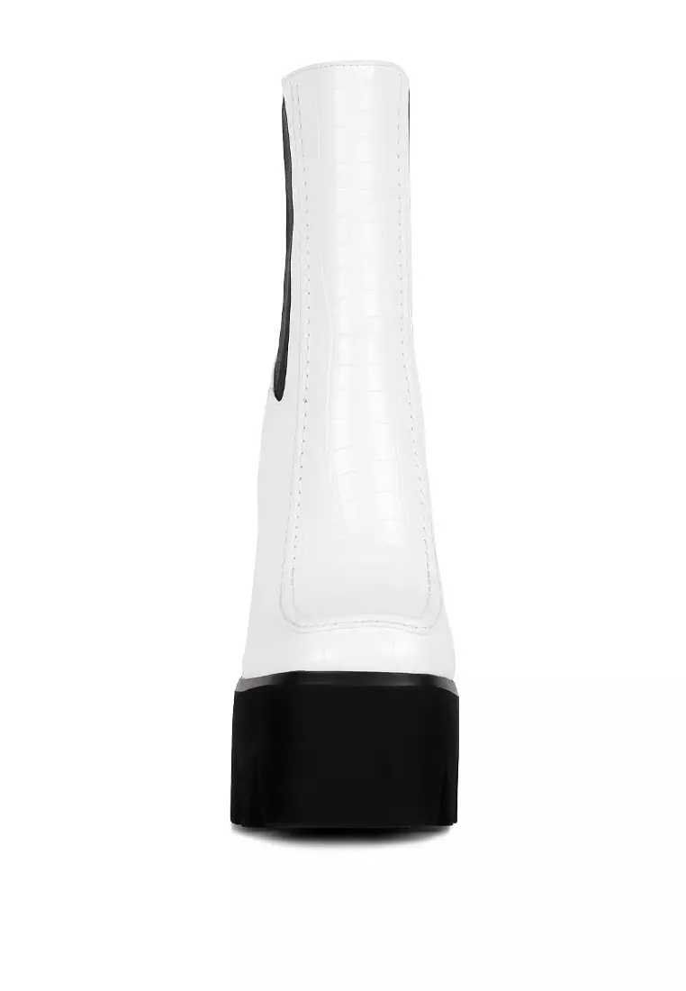 White High Platform Block Heel Lace Up Biker Boots