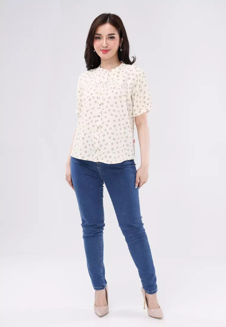 Printed Linen Wrinkles Short Sleeves Chinese Collar Blouse