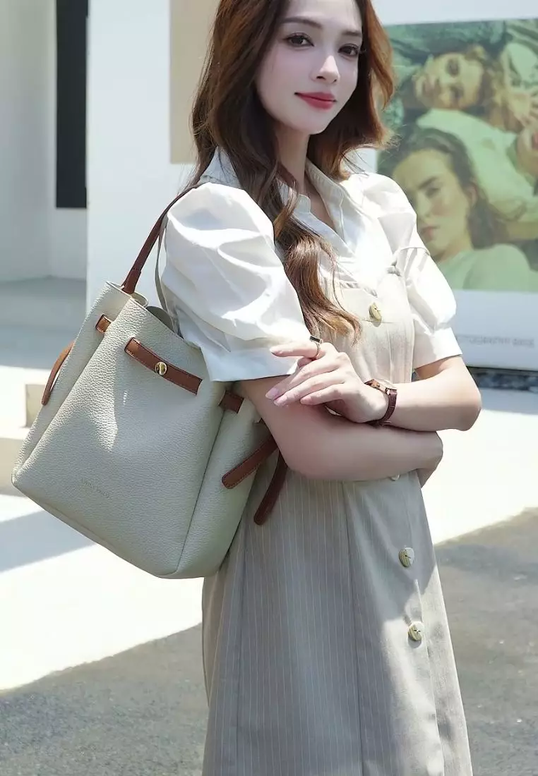 Women's Top Handle Bag / Sling Bag / Crossbody Bag / Shoulder Bag (Tas Tangan Wanita / Tas Selempang Wanita / Tas Bahu Wanita) - Krem / Cokelat