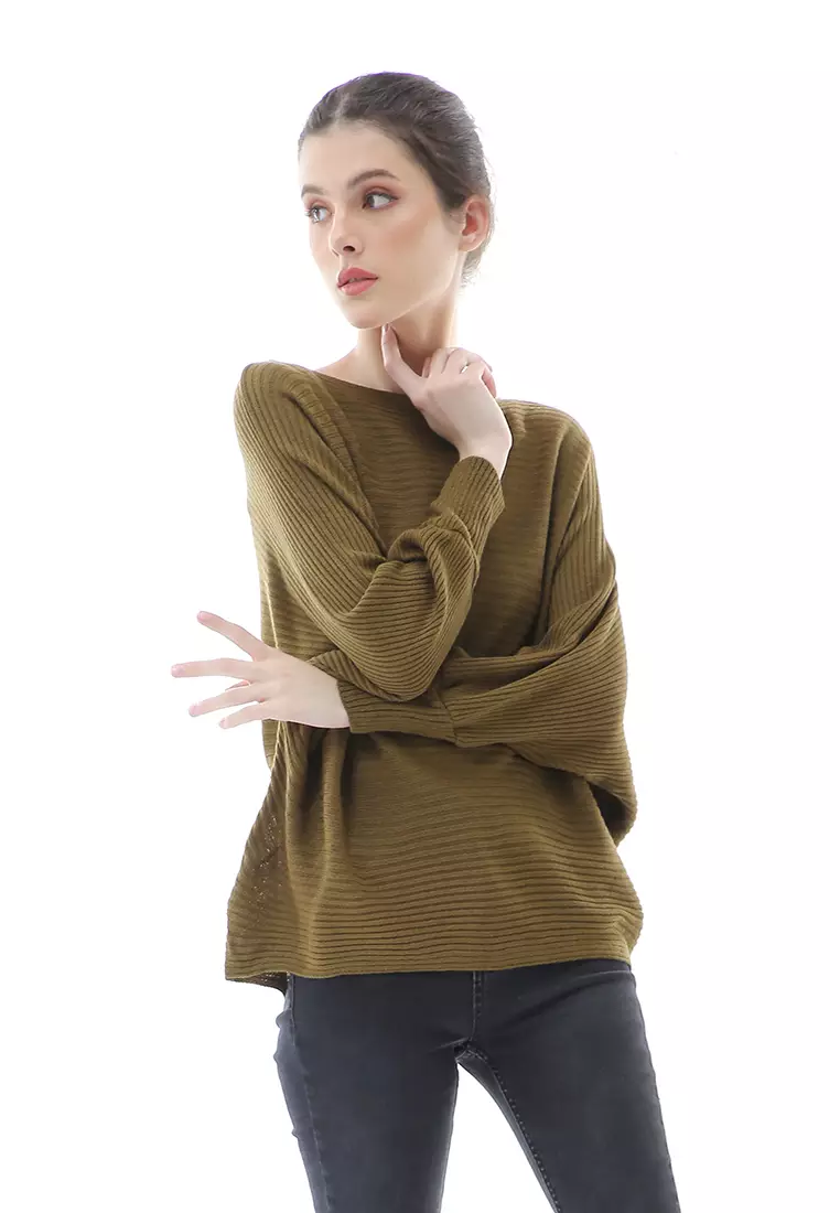 Eveline Sweater Rajut Batwing Atasan Wanita Motif Polos High Quality - Bronze