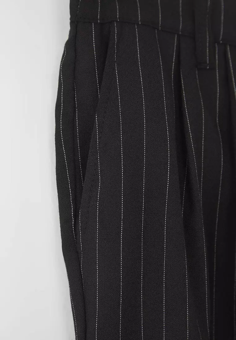 Black Striped Pleated Classic Baggy Fit Fabric Pants Tmnss24Pl00024