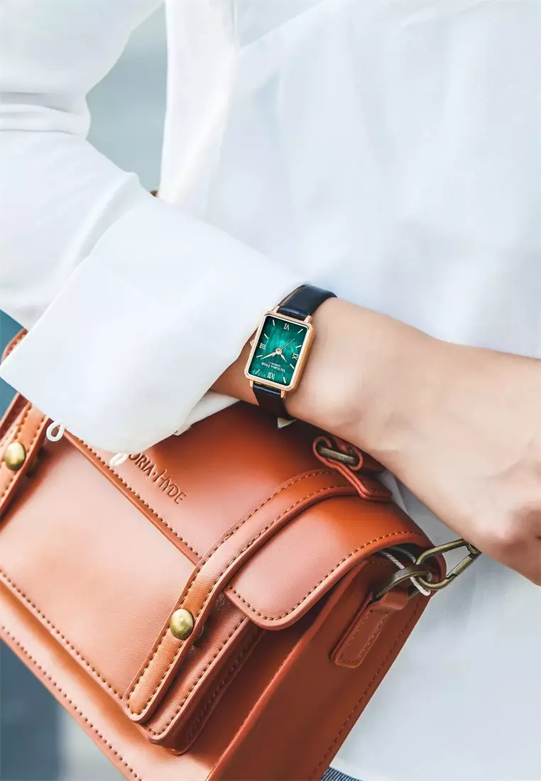 Hampton 22×28 mm女士手表 綠色珍珠母貝表盤 優雅方形手表 配黑色真皮表帶 -綠色