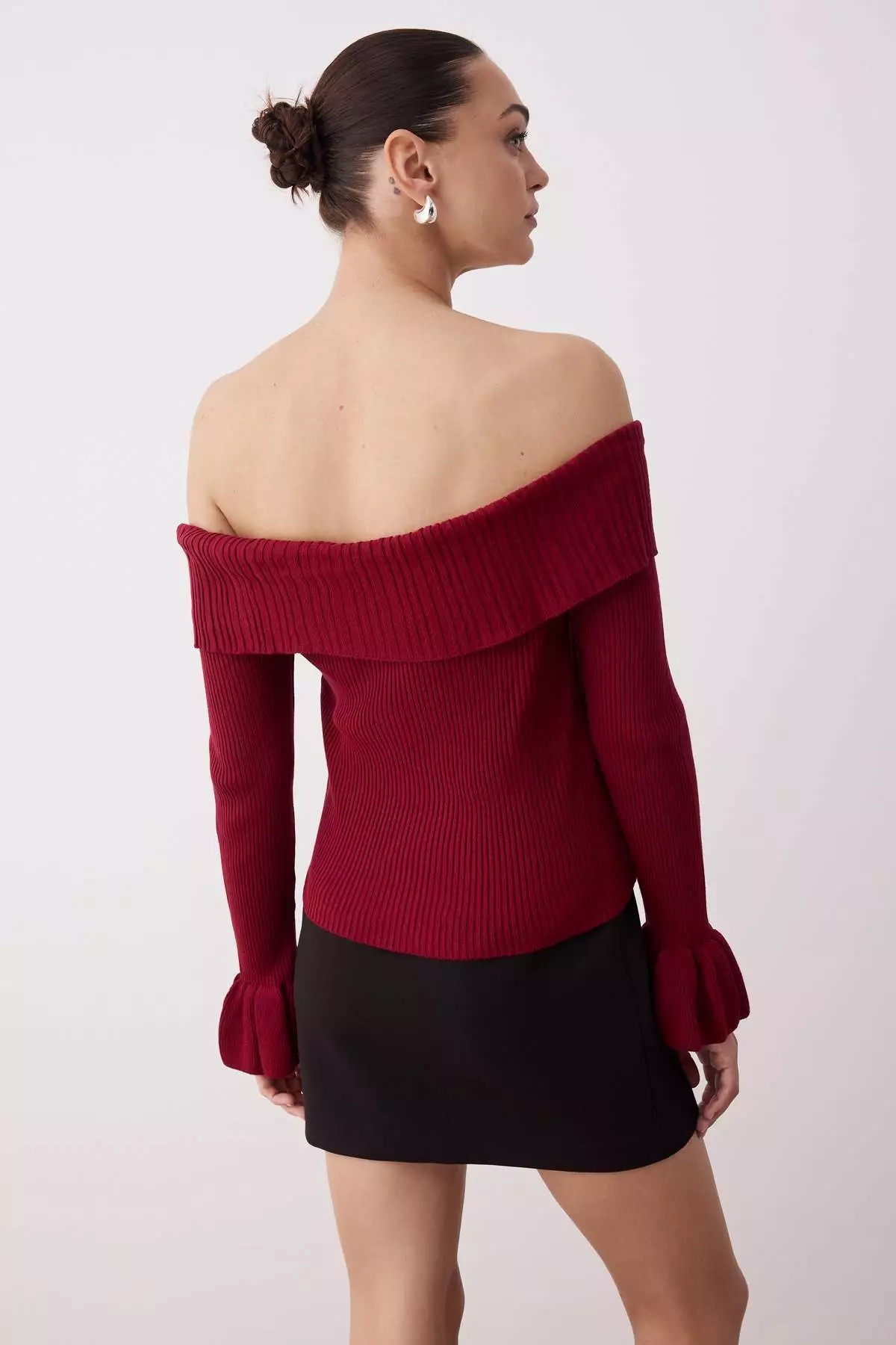 Burgundy Fitted Body Carmen Collar Ribbed Knitwear Sweater
