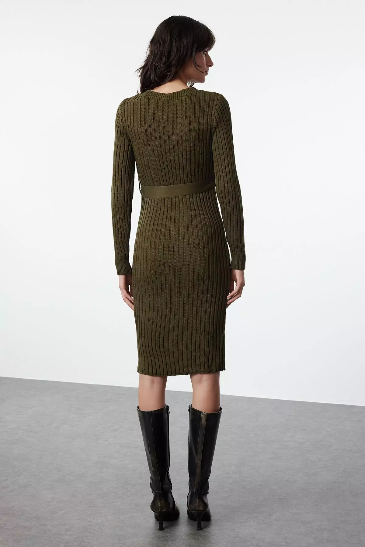 Khaki Mini Knitted Belted Dress TWOAW23EL00444