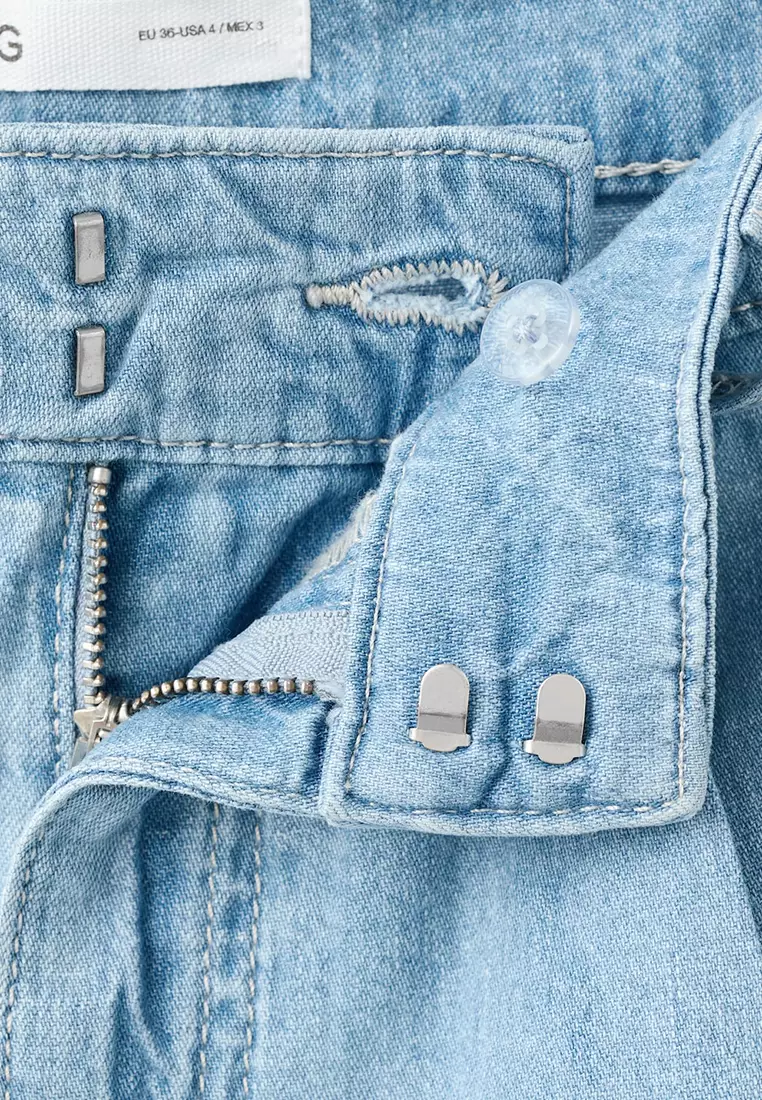 Mid-Rise Denim Bermuda Shorts With Pleats