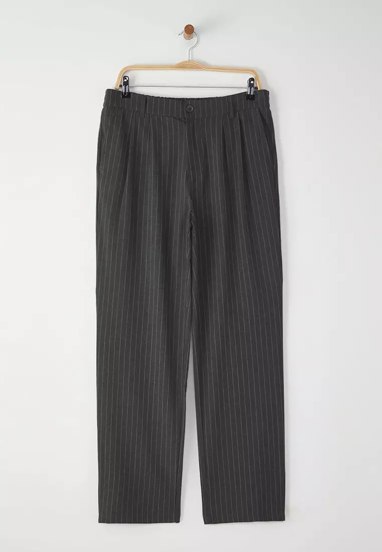Anthracite Striped Pleated Classic Baggy Fit Fabric Trousers TMNSS24PL00024