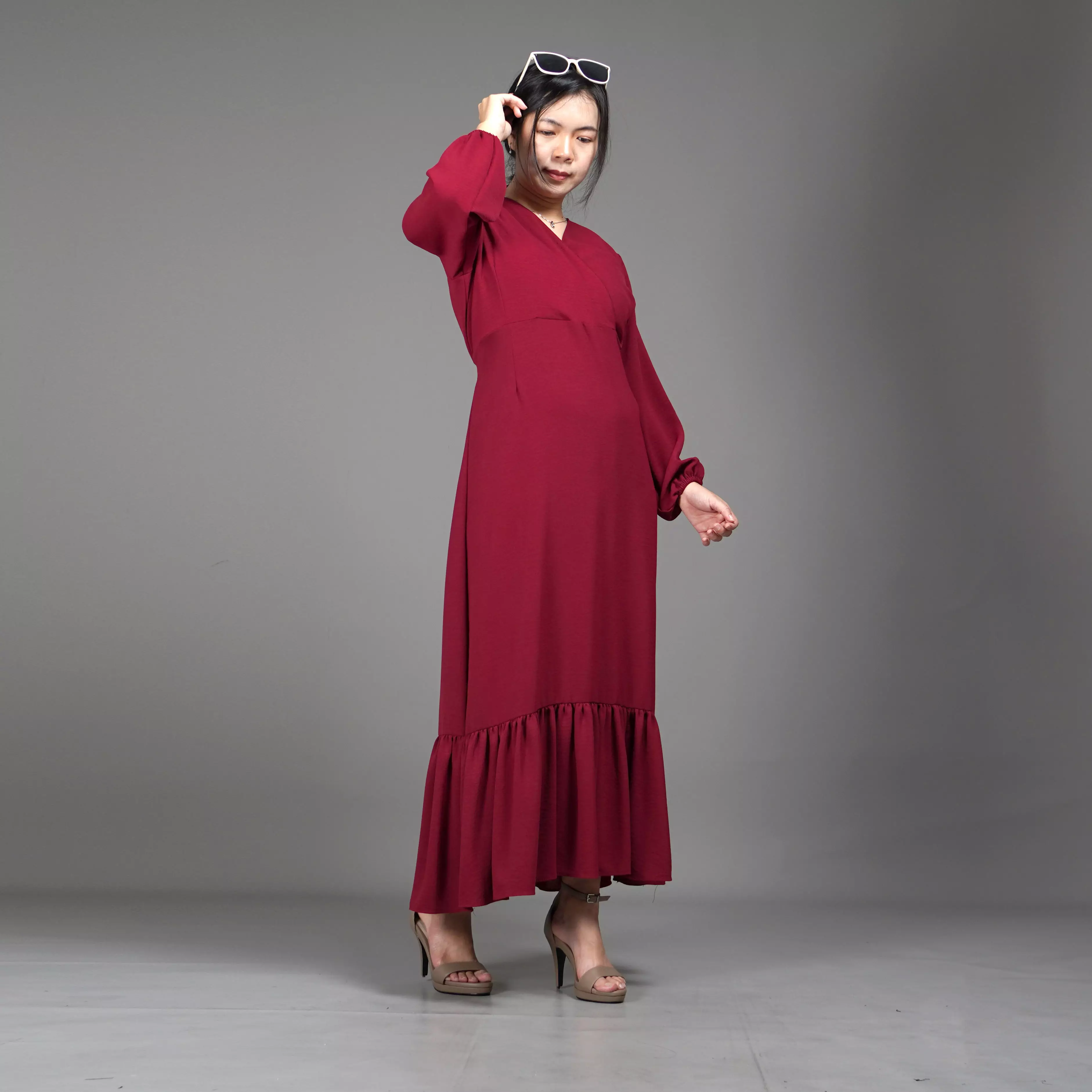 DRESS JULIA Long Dress Gaun Pesta Midi Dress Gaya Korea - Marun