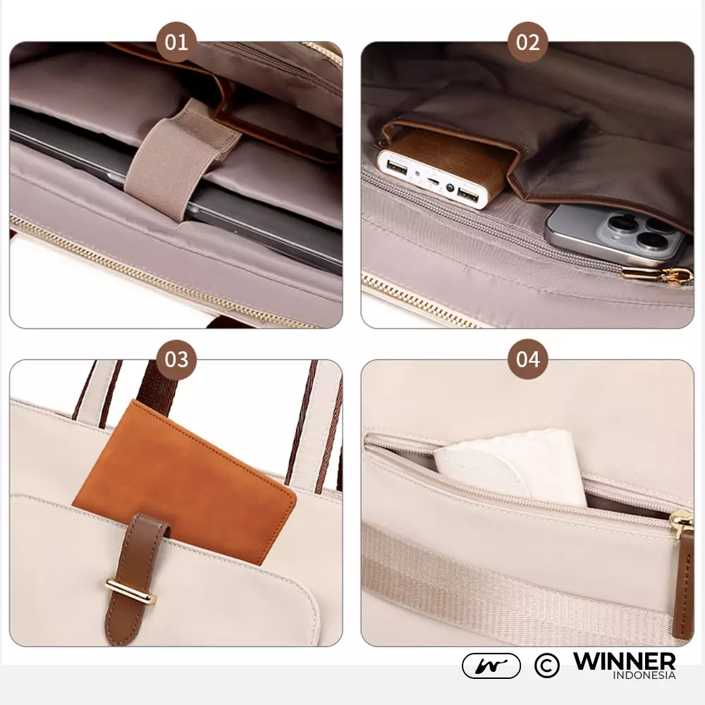 Tas Laptop 14 inch Bahu Selempang Tote Bag Nilon Oxford Wanita Korean Style Anti Air (T14-050-5583) - Khaki 14 inch