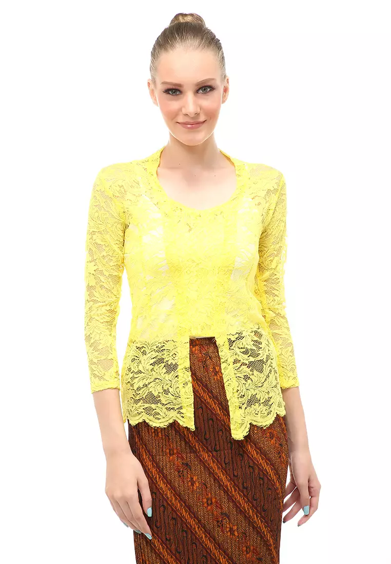 Hara Kebaya Seri 1 Motif Brokat Long Sleeves Atasan Wanita Transparan Premium Quality - Kuning
