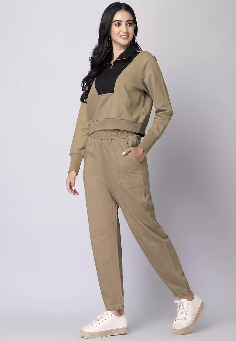 Beige Black Colorblock Sweatshirt and Joggers Set