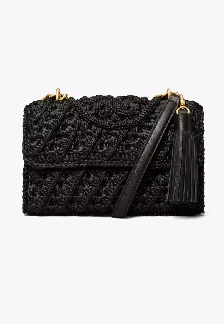Tory Burch Fleming Raffia Small Convertible Shoulder Bag Black