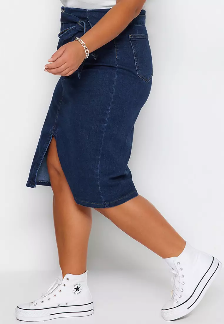 Plus Size High Waist Slit Denim Midi Skirt